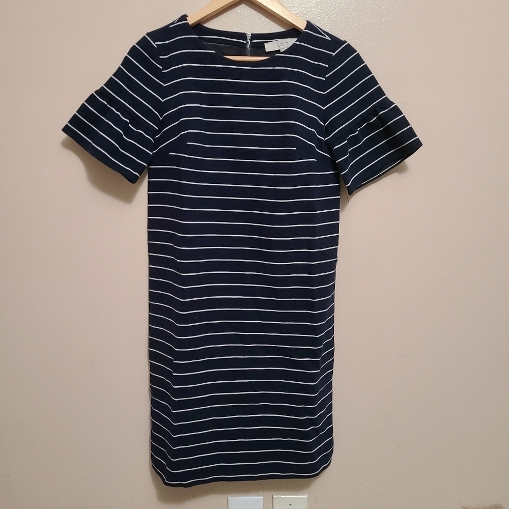 LOFT Navy & White Stripe Bell Sleeve Jacquard Dress
